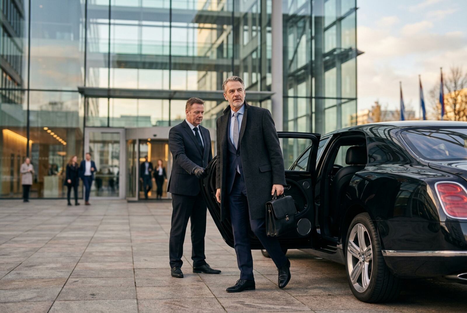 Executive arriving by car at a Dutch head office