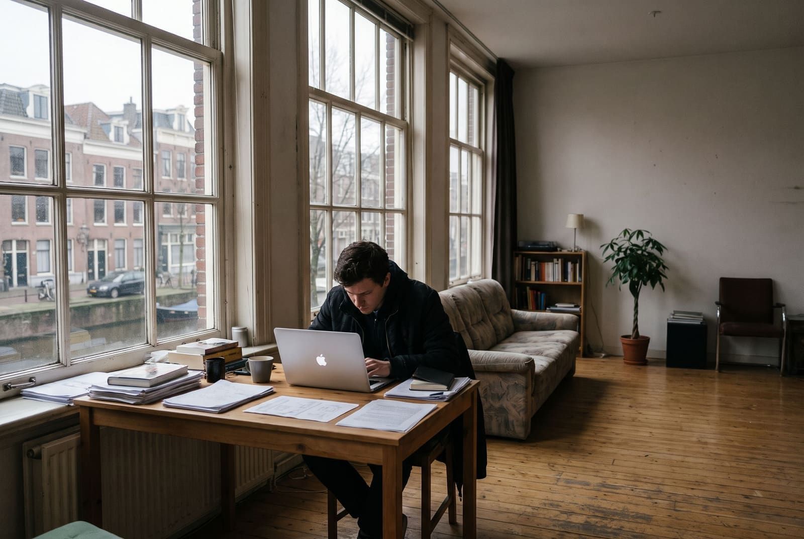 Bright live-work loft apartment with a desk by the window