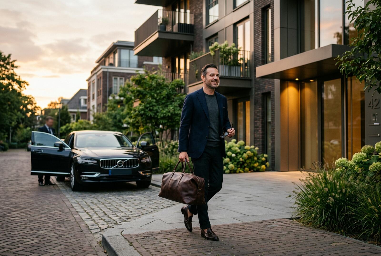 Entrepreneur arriving at a modern Dutch apartment building