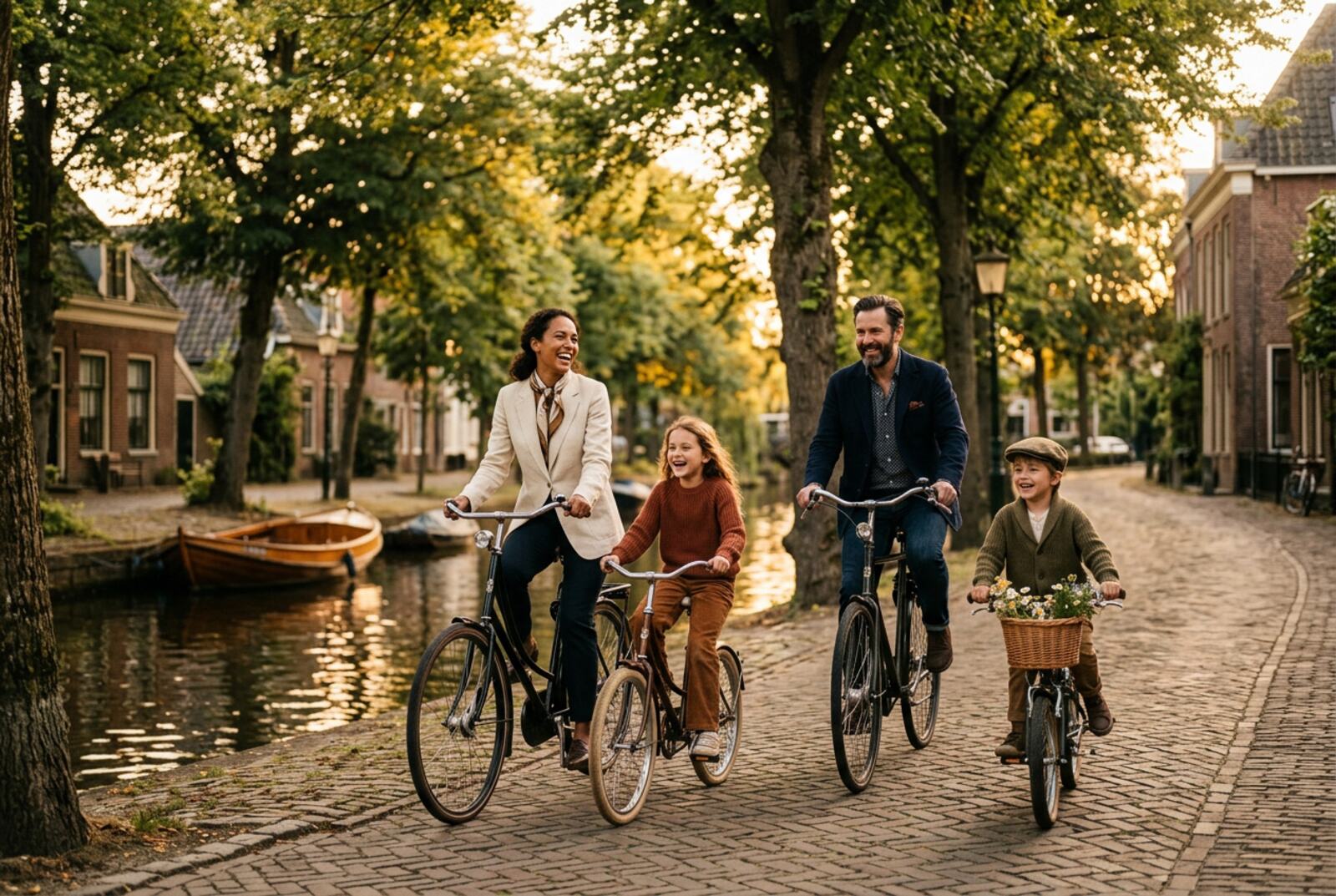 Family cycling along a Dutch canal at golden hour