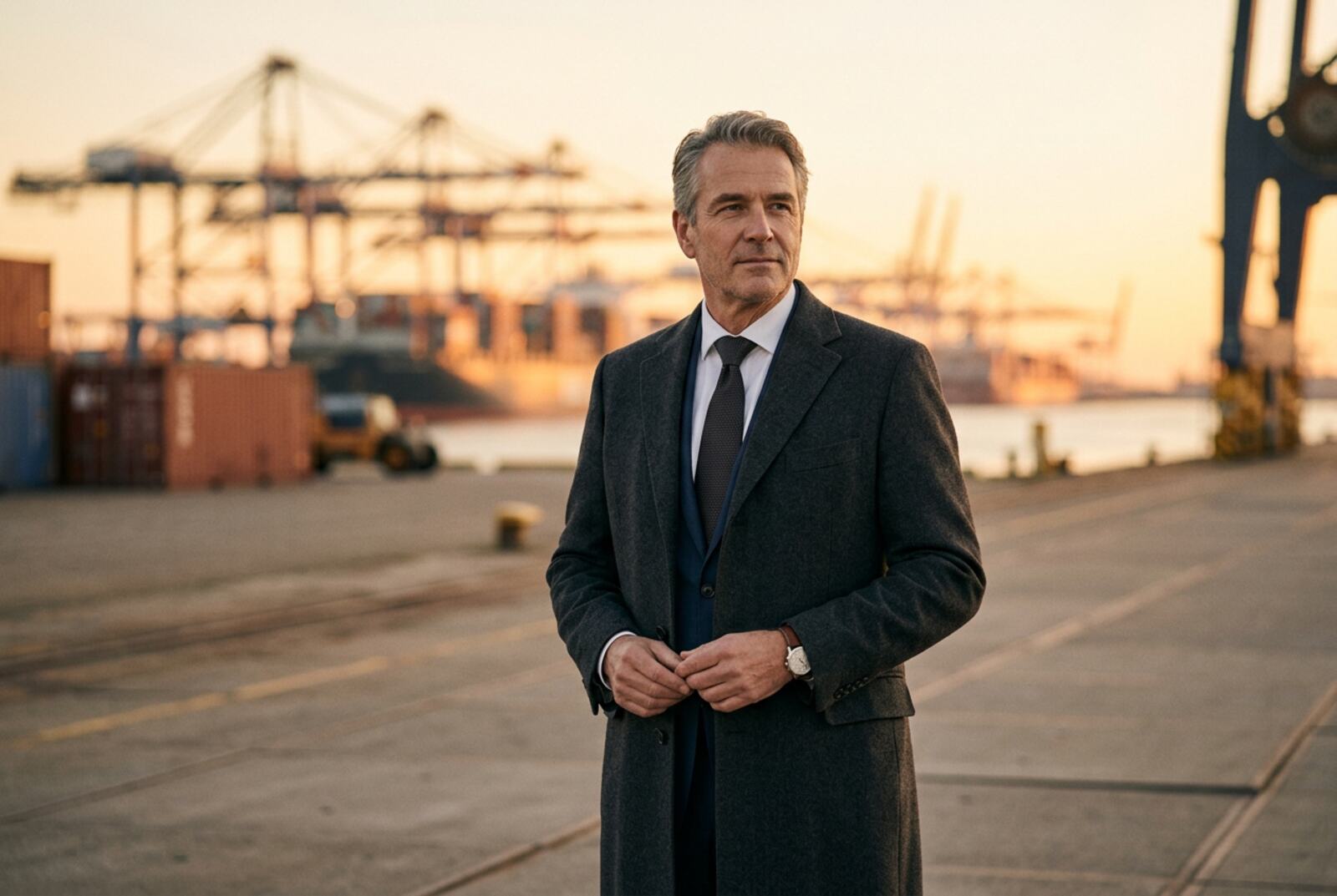 Energy executive at the Port of Rotterdam at golden hour