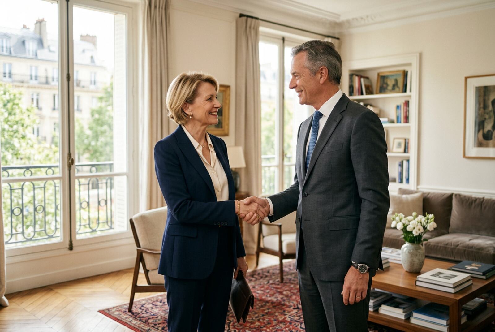 Consultant and landlord shaking hands in an apartment