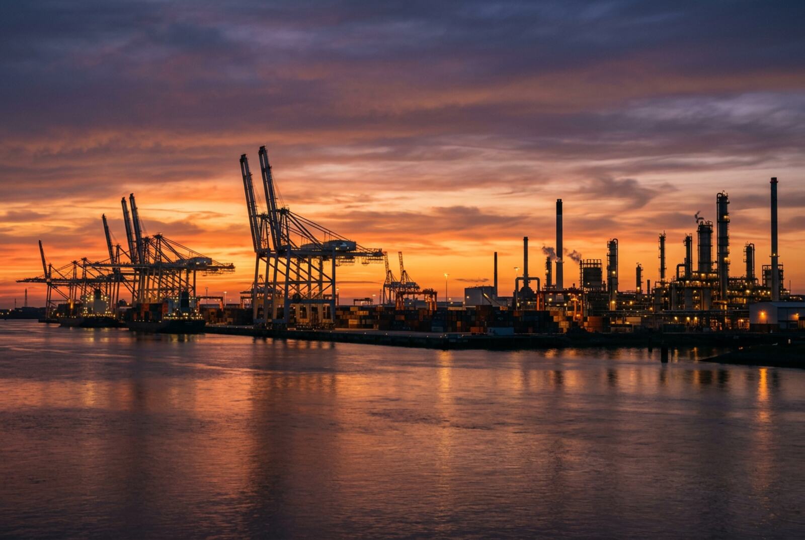 Workers in hi-vis jackets in the port with the Rotterdam skyline behind