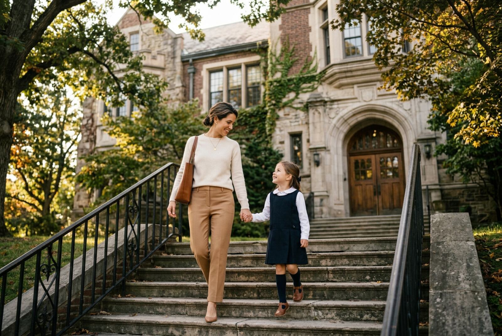 Mother and daughter arriving at an international school