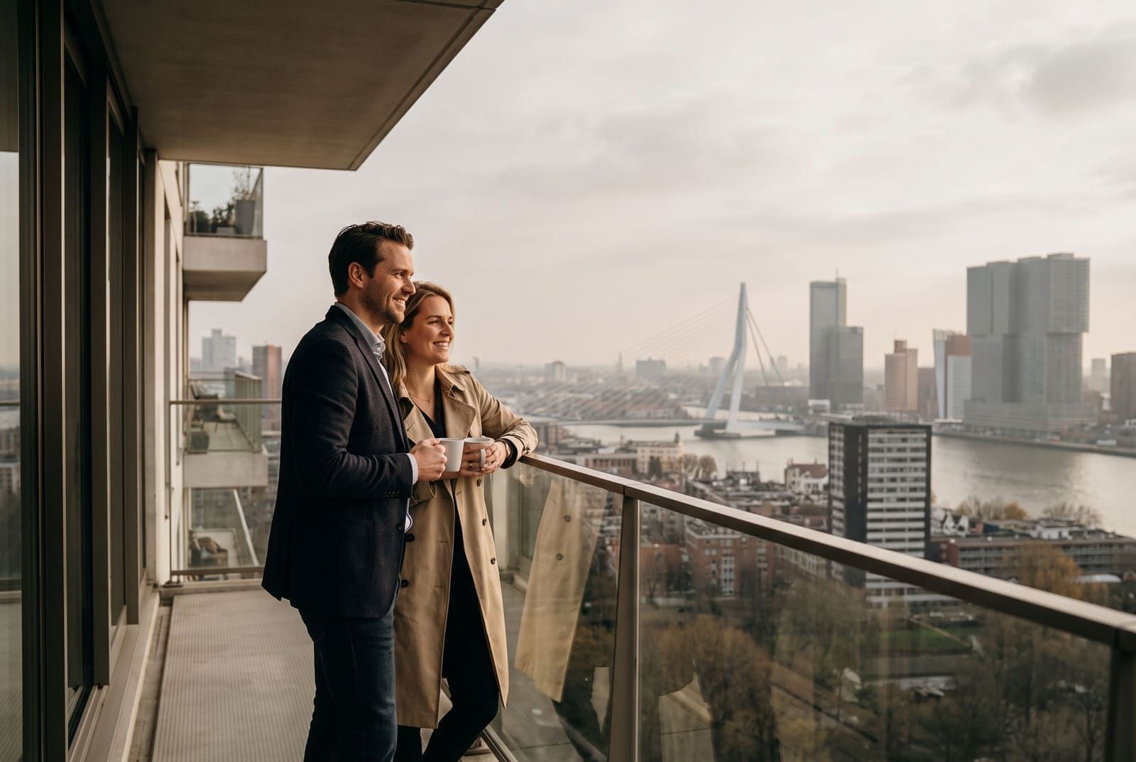 Couple on a penthouse balcony overlooking Rotterdam at dusk